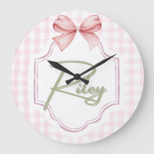Grande Horloge Ronde Personnalisé Riley Baby Girl Nursery Bow&En vichy