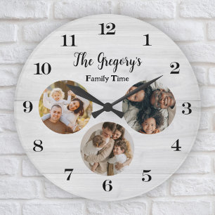 Grande Horloge Ronde Personnalisé Rustic 3 Photo Collage Amusant Temps