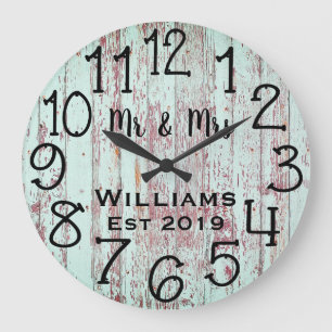 Grande Horloge Ronde Personnalisé Rustique Bois en Teal Vieilli Sur Mes