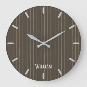 Grande Horloge Ronde Personnalised brown retro pinstripes