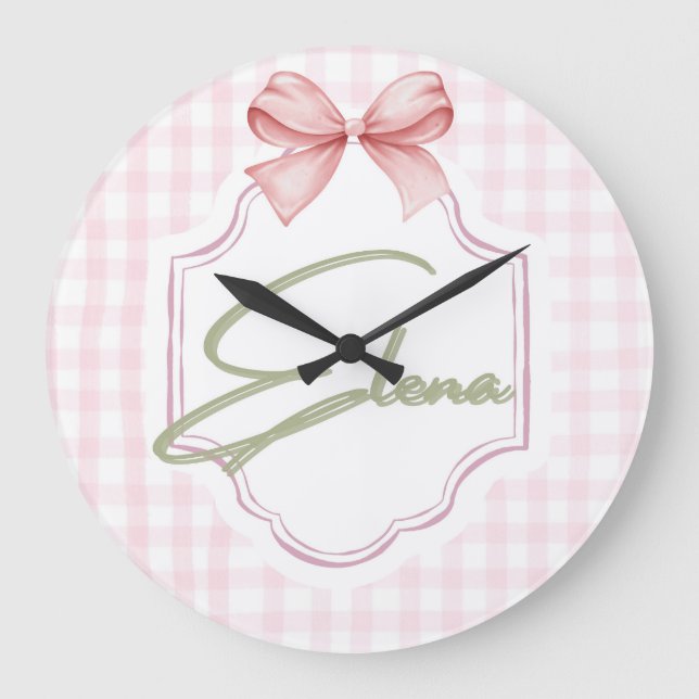 Grande Horloge Ronde Personnalisée Elena Baby Girl Nursery Bow&En vichy (Recto)
