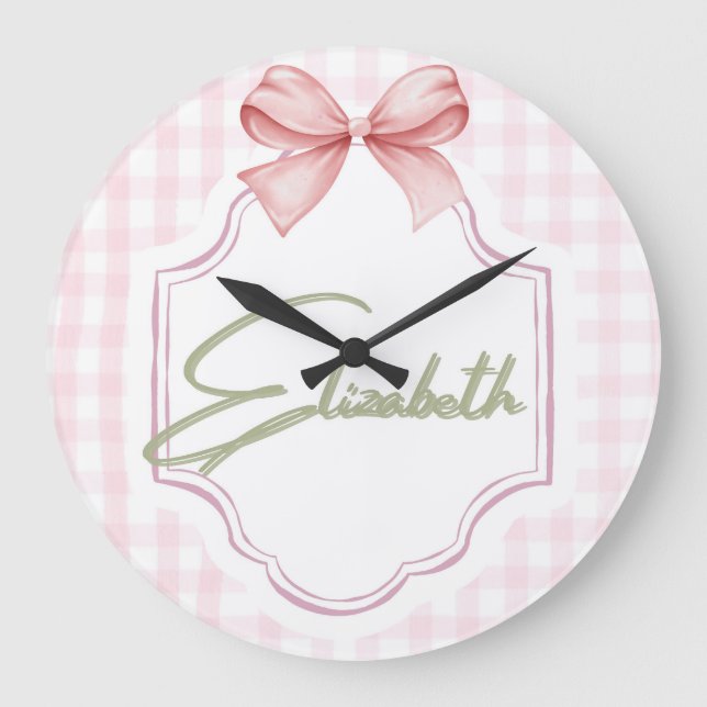 Grande Horloge Ronde Personnalisée Elizabeth Baby Girl Nursery En vichy (Recto)