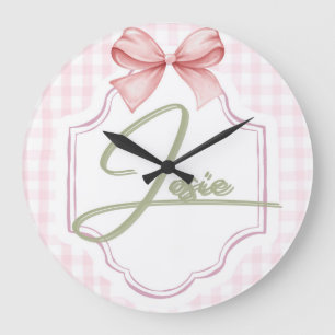 Grande Horloge Ronde Personnalisée Josie Baby Girl Nursery Bow&En vichy