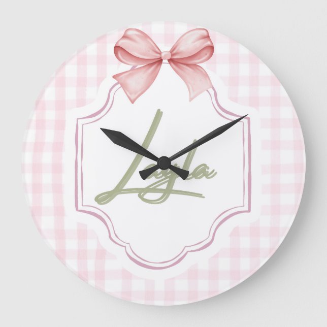 Grande Horloge Ronde Personnalisée Layla Baby Girl Nursery Bow&En vichy (Recto)