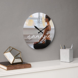 Grande Horloge Ronde Personnaliser Photo Modern Yoga Namaste Script Hor