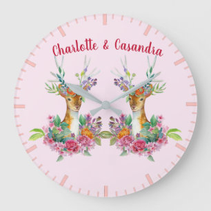 Grande Horloge Ronde Personnaliser Twins Floral Baby Deer Baby Nursery
