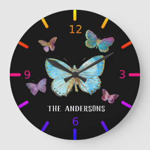 Grande Horloge Ronde Personnalisez vos propres papillons colorés -