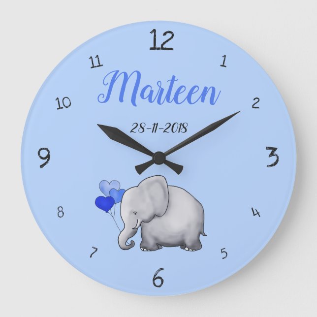 Grande Horloge Ronde Personnalized Baby Blue Cute Elephant Nursery (Recto)