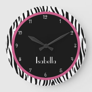 Grande Horloge Ronde Personnalized Black, Pink et Zebra Print Clock