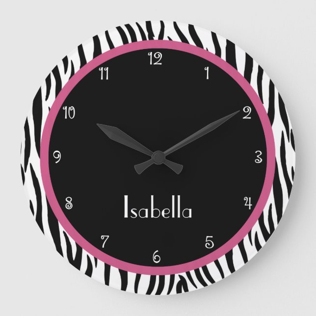 Grande Horloge Ronde Personnalized Black, Pink et Zebra Print Clock (Recto)