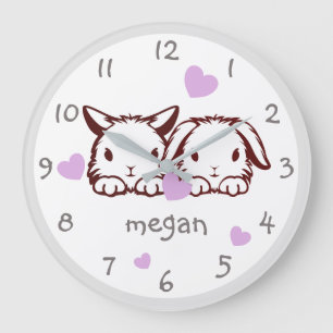 Grande Horloge Ronde Personnalized Bunny Purple Heart Nursery Wall Cloc