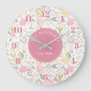 Grande Horloge Ronde Personnalized Family Nom Pastel Colorful Floral