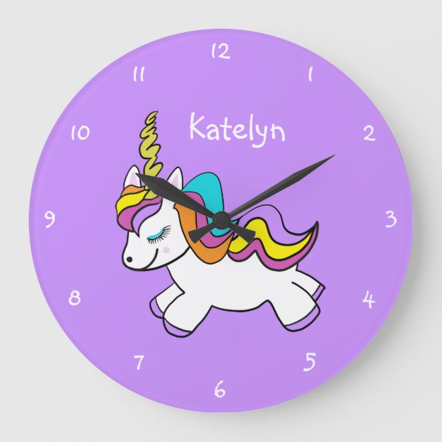 Grande Horloge Ronde Personnalized Girls Purple Unicorn (Recto)