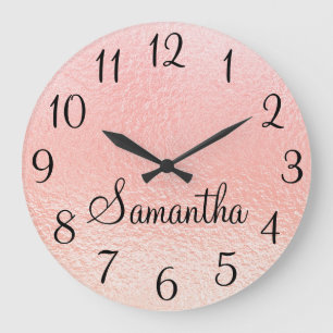 Grande Horloge Ronde Personnalized Girly Faux Pearly Peach Pink Foil