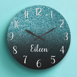 Grande Horloge Ronde Personnalized Girly Teal ombre