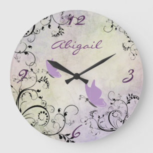 Grande Horloge Ronde Personnalized Pretty Purple Butterfly and Vines