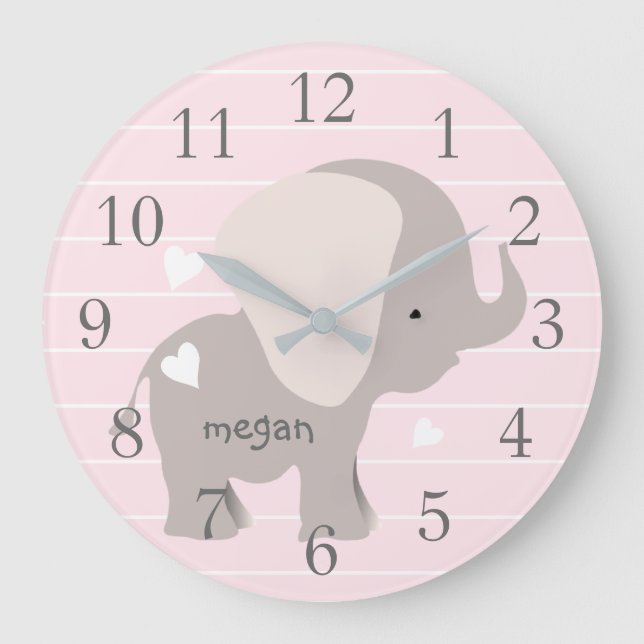 Grande Horloge Ronde Personnalized Rose Grey Elephant Nursery Wall Cloc (Recto)