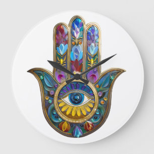 Grande Horloge Ronde Pétales Colorés Feuilles Hamsa Saphir Troisième Œi