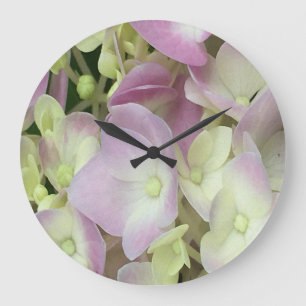 Grande Horloge Ronde Pétales d'hydrangée rose et blanc antique