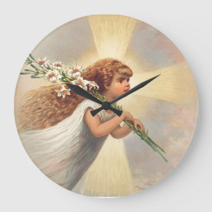 Grande Horloge Ronde Petit ange bébé tenant des lis
