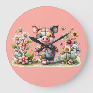 Grande Horloge Ronde Petit Cochon Patchwork dans un Jardin Fleuri