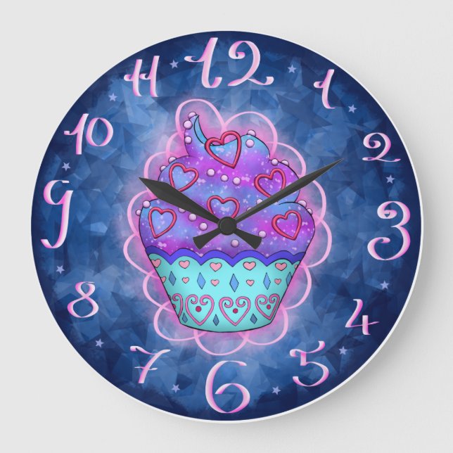 Grande Horloge Ronde Petit cupcake bleu/rose avec coeur rose (Recto)