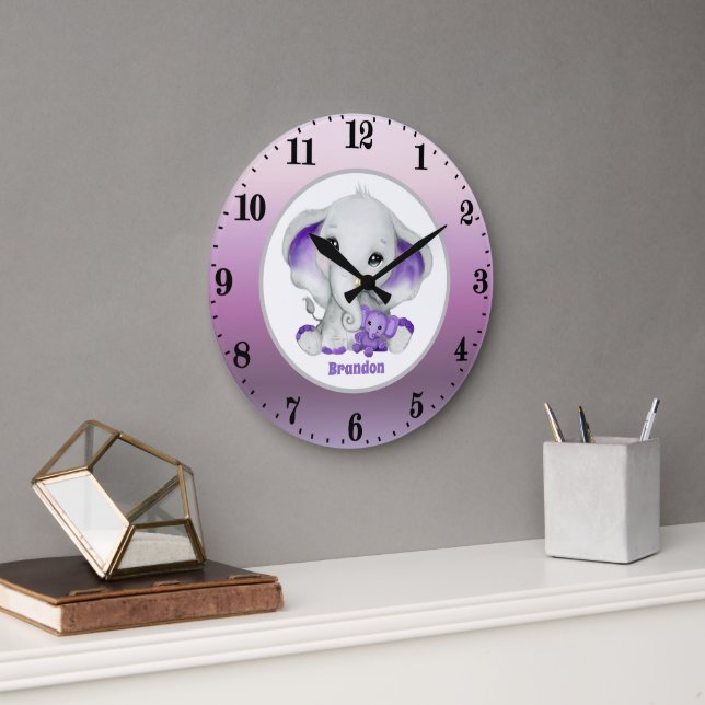 Grande Horloge Ronde petit garçon mignon éléphant ajouter nom pépinière (Bureau)