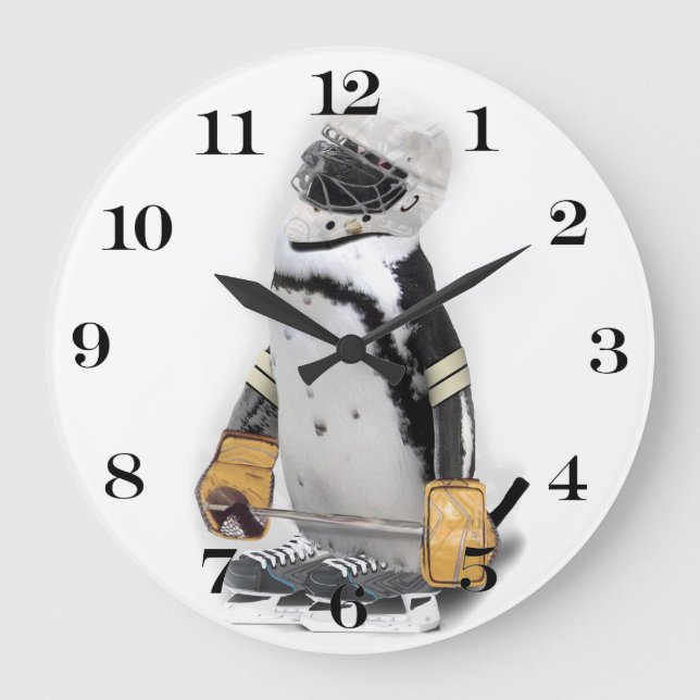 Grande Horloge Ronde Petit Penguin portant un engin de hockey (Recto)