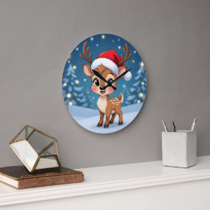 Grande Horloge Ronde Petit renne mignon avec un chapeau de Noël