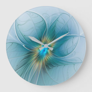 Grande Horloge Ronde Petite Beauté Moderne Bleu Or Fractal Art Flower