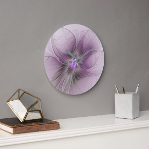 Grande Horloge Ronde Petite Beauté Moderne Gris Mauve Art Fractal Fleur