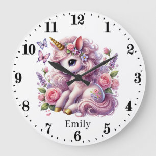 Grande Horloge Ronde Petite fille fille fille pépinière licorne