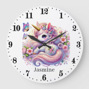 Grande Horloge Ronde Petite fille fille fille pépinière licorne