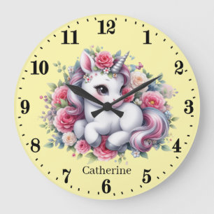 Grande Horloge Ronde Petite fille fille fille pépinière licorne