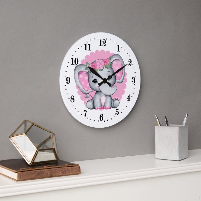 Grande Horloge Ronde petite fille mignonne éléphant (Bureau)