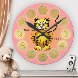 Grande Horloge Ronde Petite fille Tigre rose or cadenas