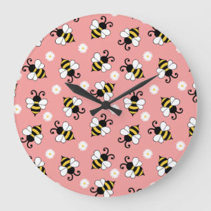 Grande Horloge Ronde Petites abeilles mignonnes et fleurs marguerites m