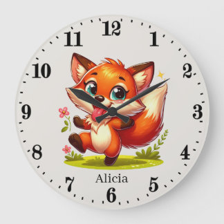 Grande Horloge Ronde Petites filles bébé renard ajouter nom