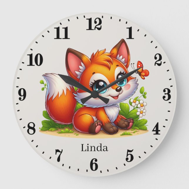 Grande Horloge Ronde Petites filles bébé renard ajouter nom (Recto)
