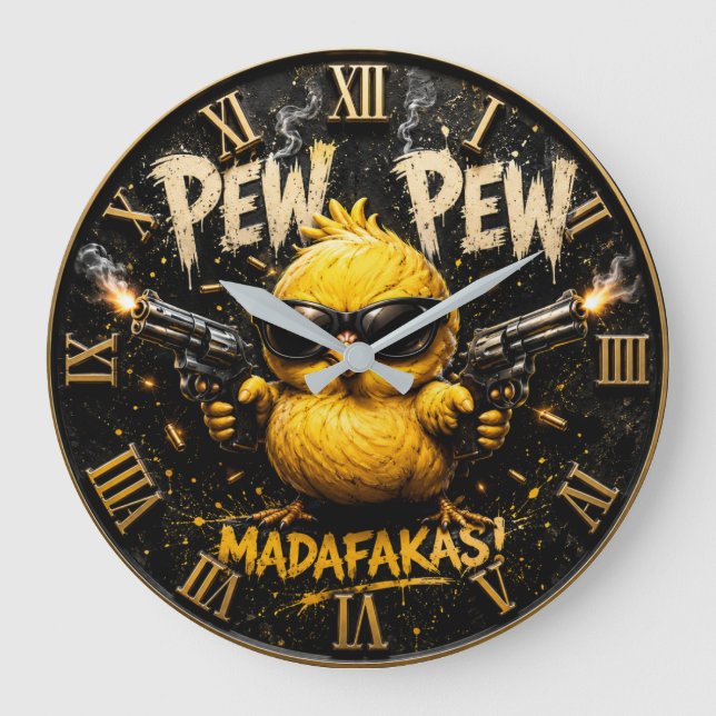 Grande Horloge Ronde Pew Pew Funny Badass Chick Humor (Recto)