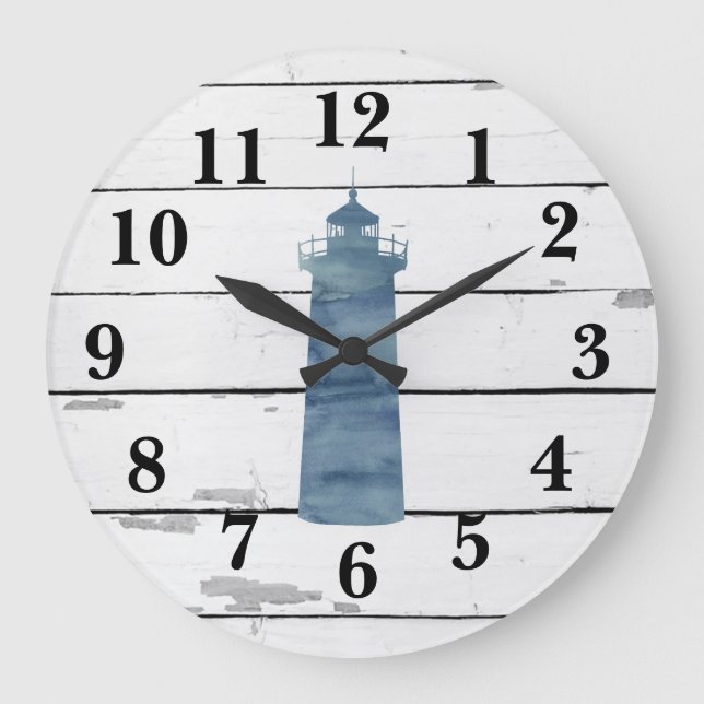 Grande Horloge Ronde Phare bleu marine Décor rustique (Recto)