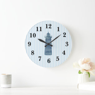 Grande Horloge Ronde Phare Bleu Nautique Bande Rustique Décor