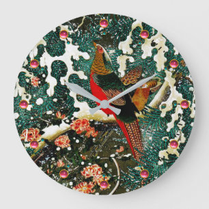Grande Horloge Ronde Pheasants à Snow, Pine Tree, Roses, Japanese Flora