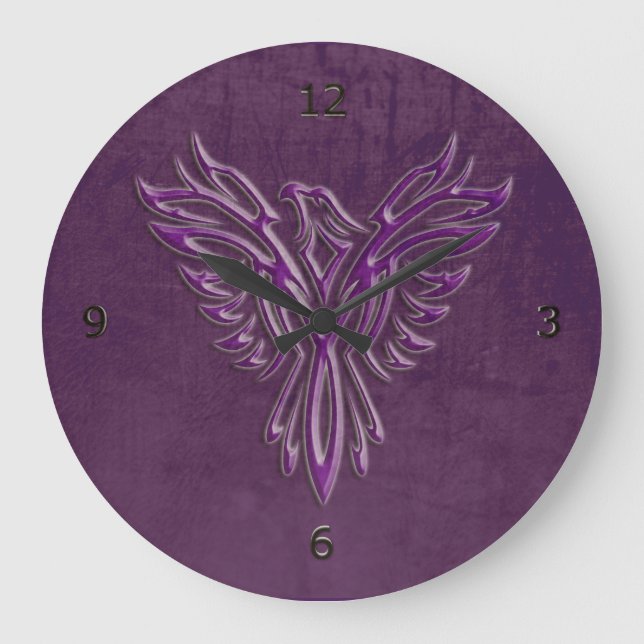 Grande Horloge Ronde Phoenix Rising stylisé violet, texture cuir (Recto)