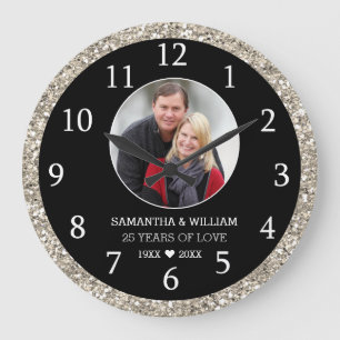 Grande Horloge Ronde Photo 25e anniversaire paillettes noires et argent