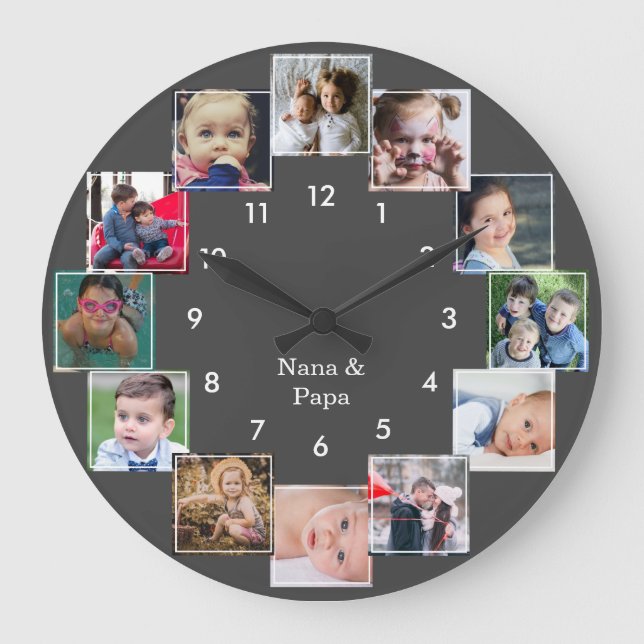 Grande Horloge Ronde Photo Collage Family Gray (Recto)