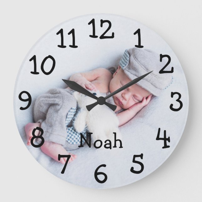 Grande Horloge Ronde Photo Cute Baby Nom personnalisé (Recto)