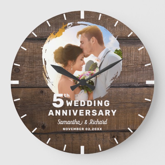 Grande Horloge Ronde Photo de 5e anniversaire de mariage en bois foncé  (Recto)