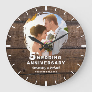 Grande Horloge Ronde Photo de 5e anniversaire de mariage en bois sombre
