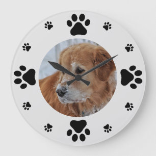 Grande Horloge Ronde Photo de chien personnalisée avec Empreintes de pa